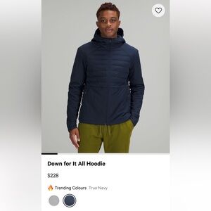 Men’s Lululemon Down For it All Hooded Jacket size Large in Navy Blue
